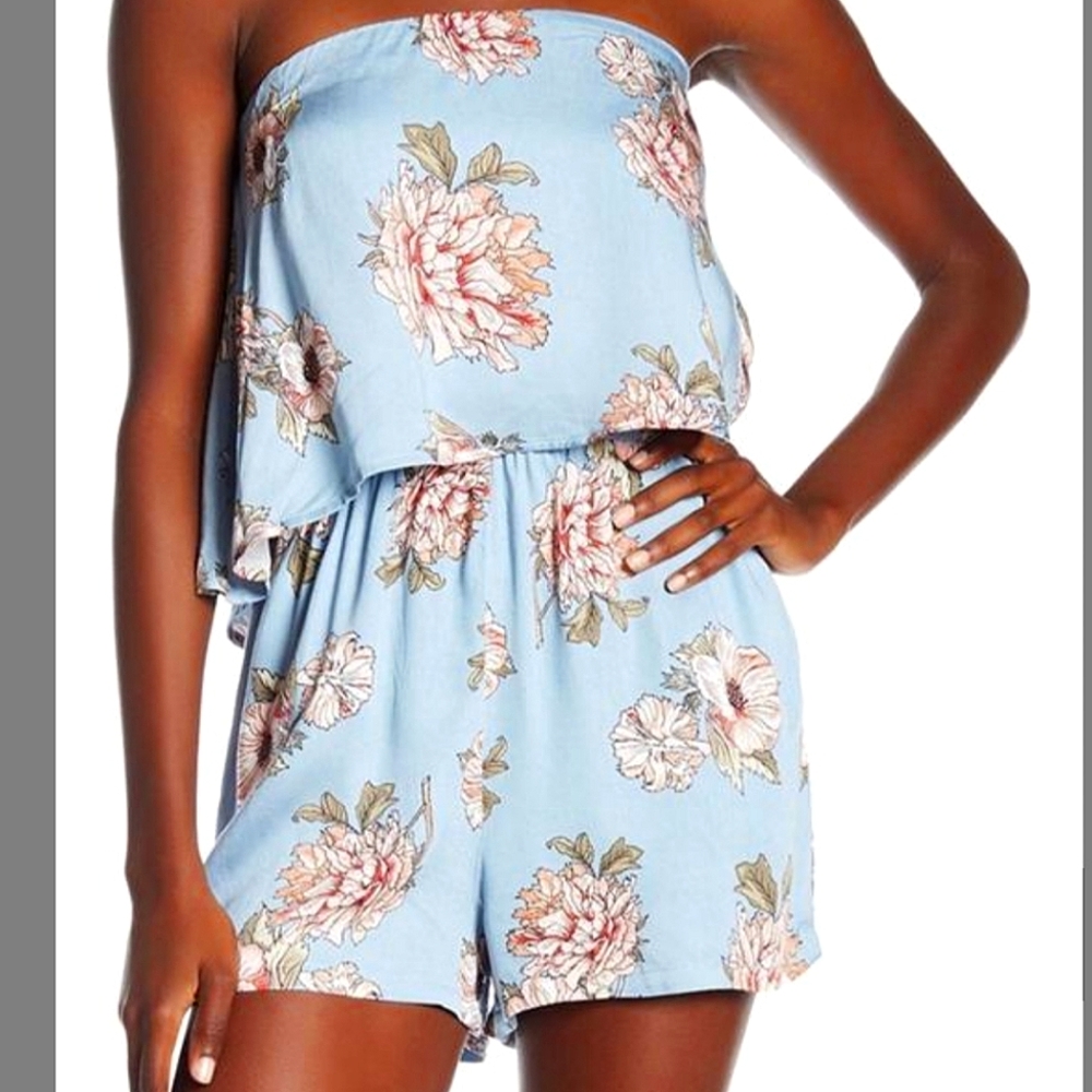MINKPINK blue strapless floral romper size medium
